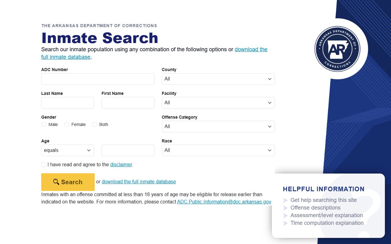 Scott County inmate population Arkansas DOC inmate search form