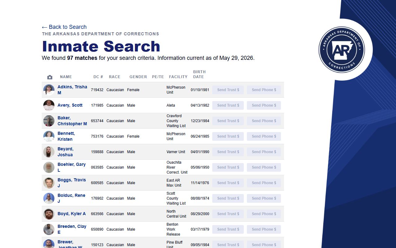 Arkansas DOC Scott County results with photo fields for booking photo comparison